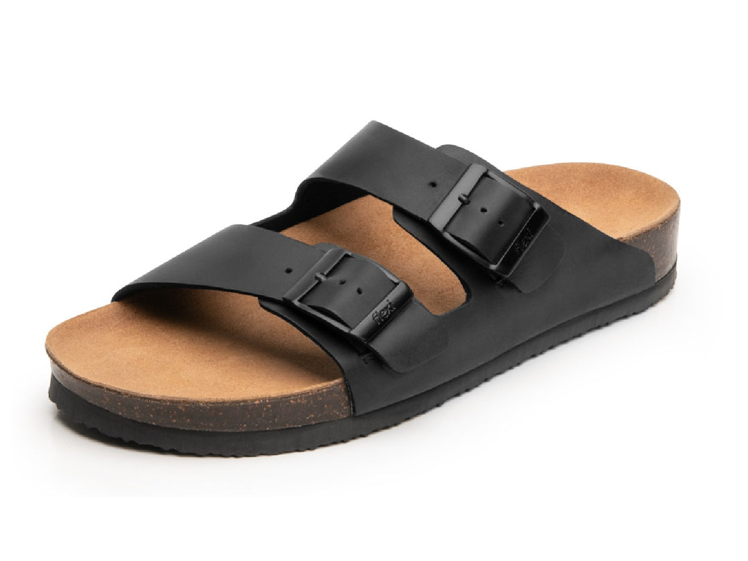 Sandalias negras Flexi Marrakech para hombre con plantillas de corcho y hebillas ajustables.