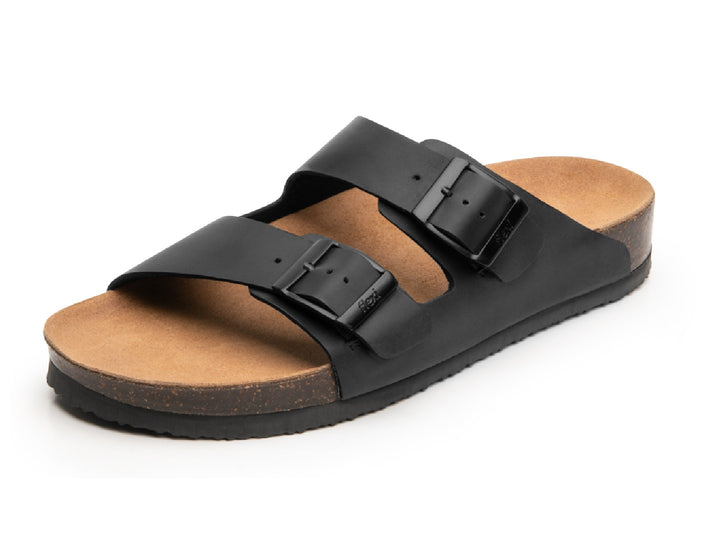 Sandalias negras Flexi Marrakech para hombre con plantillas de corcho y hebillas ajustables.