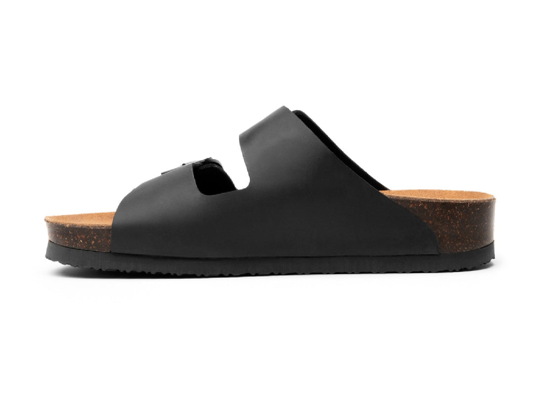 Sandalias negras Flexi Marrakech para hombre con plantillas de corcho y hebillas ajustables.