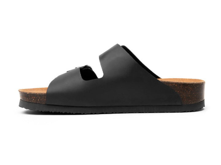 Sandalias negras Flexi Marrakech para hombre con plantillas de corcho y hebillas ajustables.
