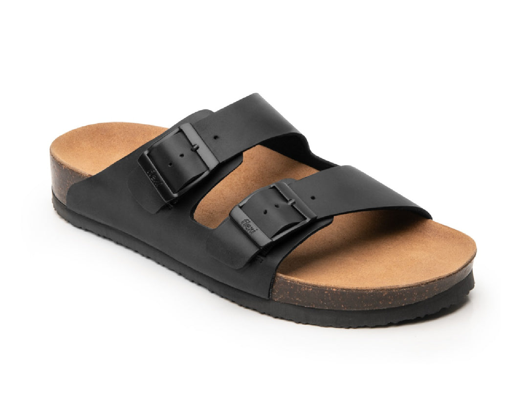 Sandalias negras Flexi Marrakech para hombre con plantillas de corcho y hebillas ajustables.