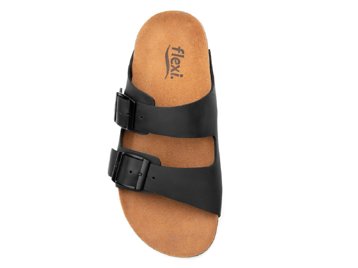 Sandalias negras Flexi Marrakech para hombre con plantillas de corcho y hebillas ajustables.