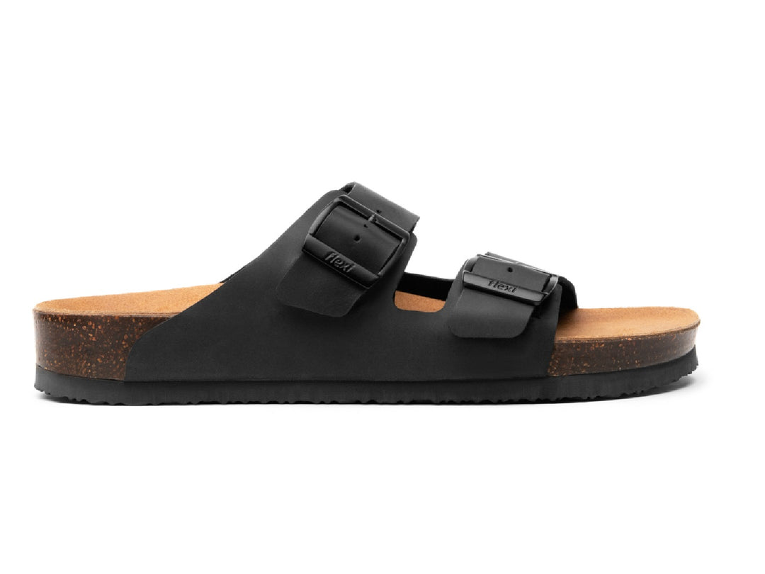 Sandalias negras Flexi Marrakech para hombre con plantillas de corcho y hebillas ajustables.
