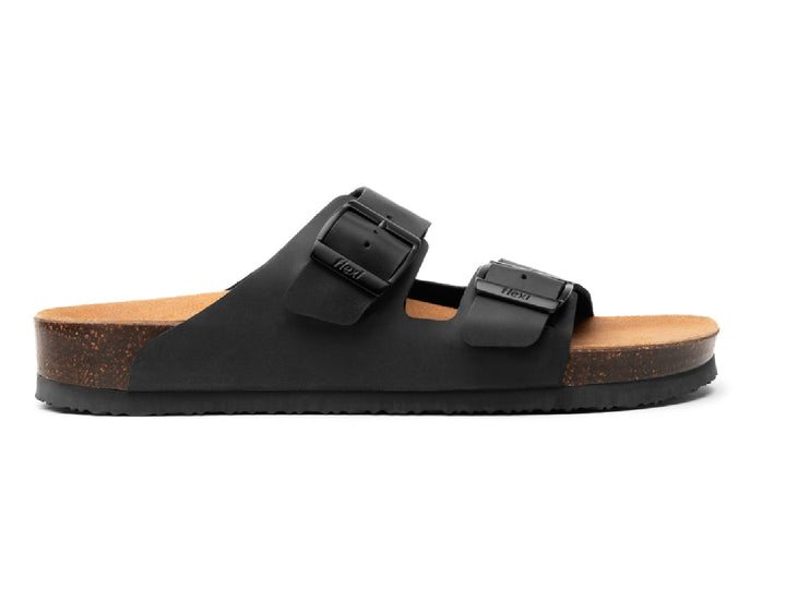 Sandalias negras Flexi Marrakech para hombre con plantillas de corcho y hebillas ajustables.