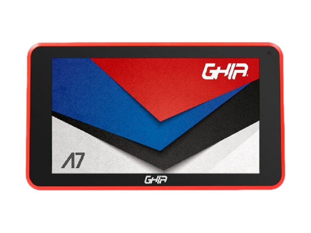 Tablet GHIA de 7 pulgadas con marco color rojo y pantalla negra.