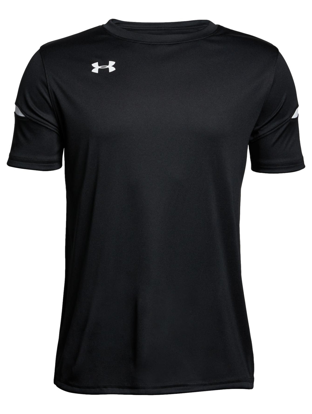 Playera deportiva Under Armour de color negro para niño con detalles blancos en las mangas.