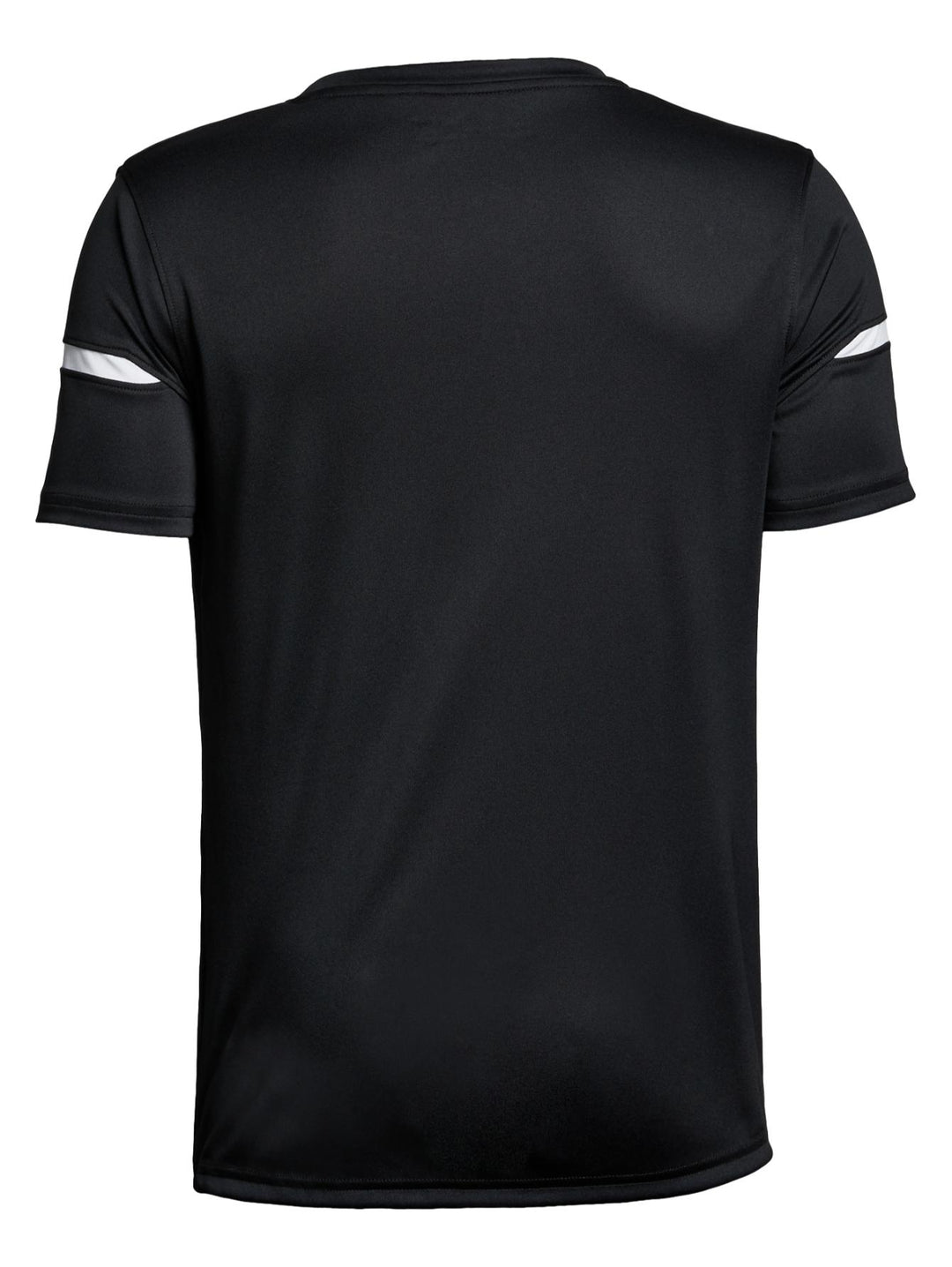 Playera deportiva Under Armour de color negro para niño con detalles blancos en las mangas.