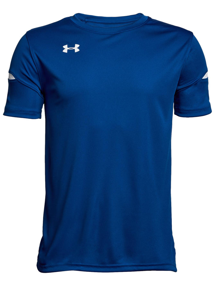 Playera deportiva Under Armour de color azul con detalles blancos y logotipo en el pecho para niño.