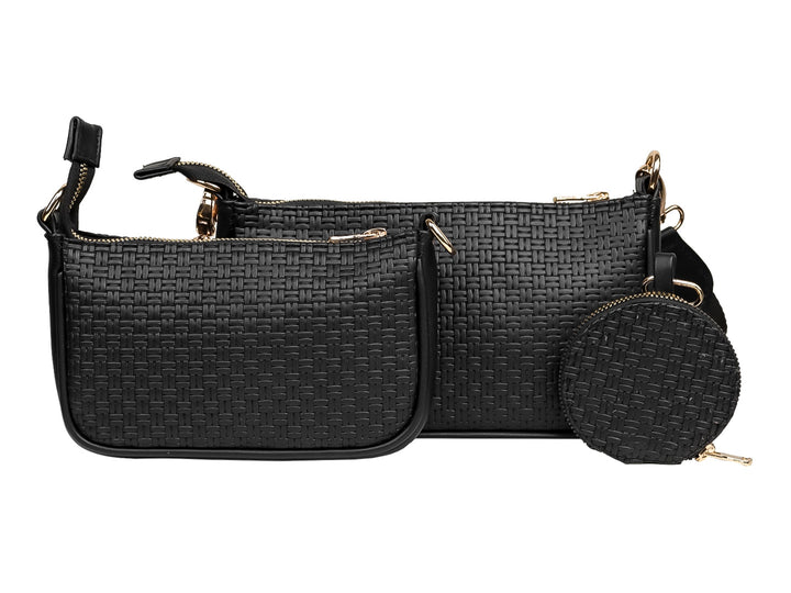 Set de tres bolsos Ferretina en color negro con textura tejida y detalles metálicos dorados.