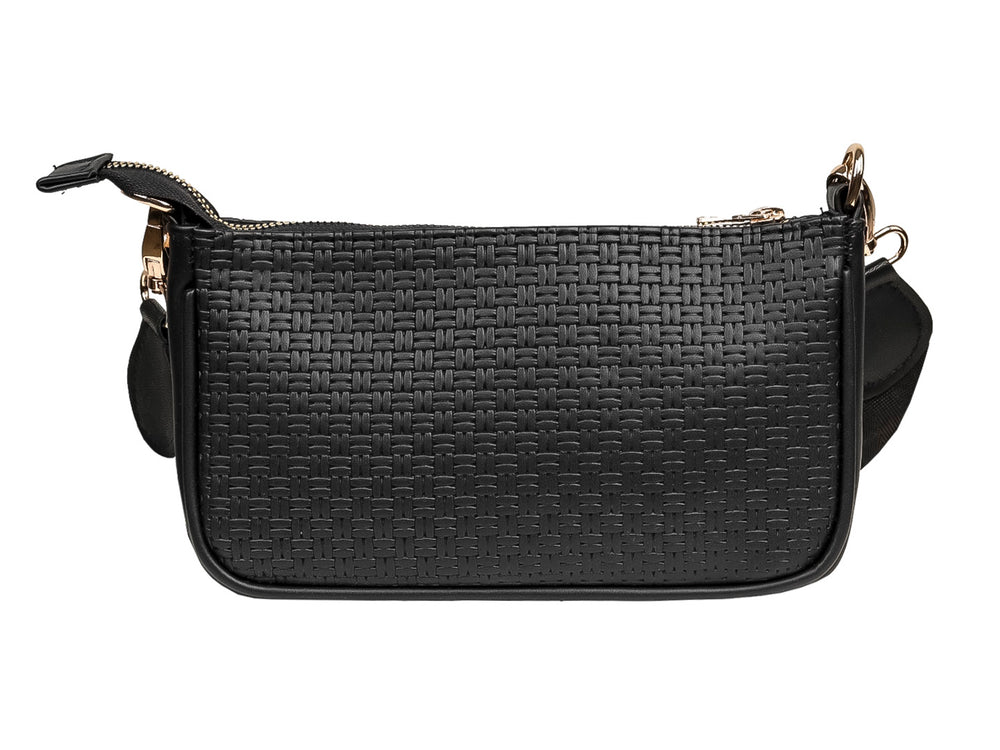 Set de tres bolsos Ferretina en color negro con textura tejida y detalles metálicos dorados.