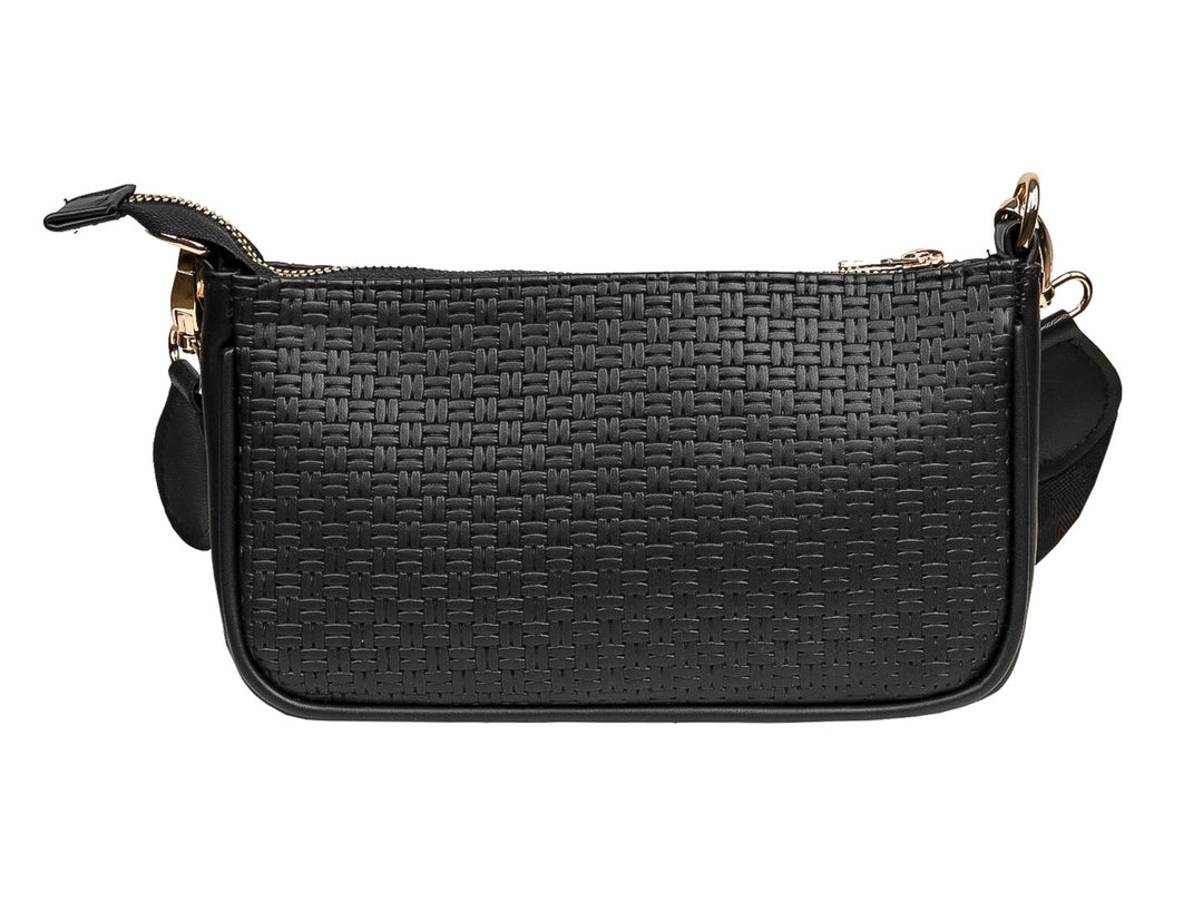 Set de tres bolsos Ferretina en color negro con textura tejida y detalles metálicos dorados.