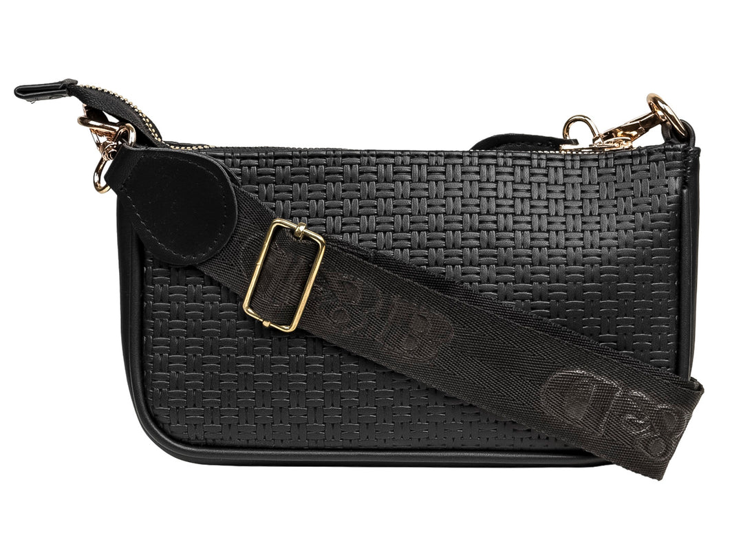 Set de tres bolsos Ferretina en color negro con textura tejida y detalles metálicos dorados.