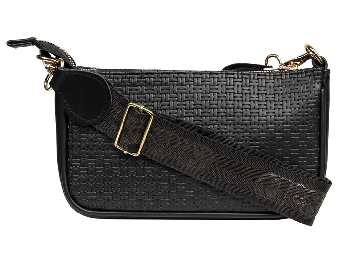 Set de tres bolsos Ferretina en color negro con textura tejida y detalles metálicos dorados.