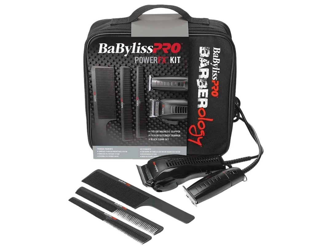Kit de barbería BaByliss PRO negro con cortadora, trimmer, peines y estuche de transporte.