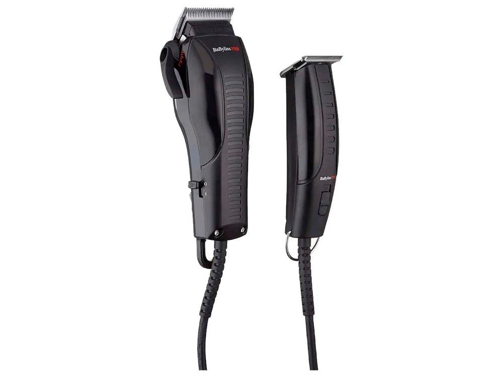 Kit de barbería BaByliss PRO negro con cortadora, trimmer, peines y estuche de transporte.