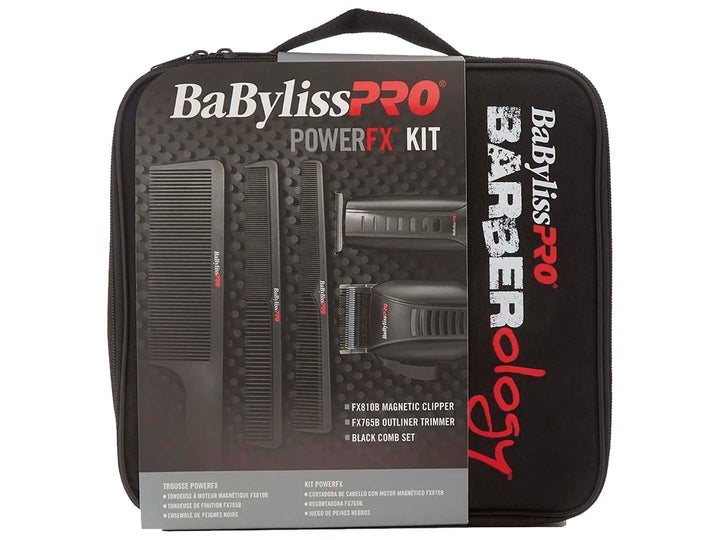 Kit de barbería BaByliss PRO negro con cortadora, trimmer, peines y estuche de transporte.