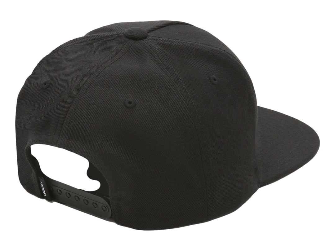 Gorra snapback color negro de la marca Vans con logotipo blanco frontal.
