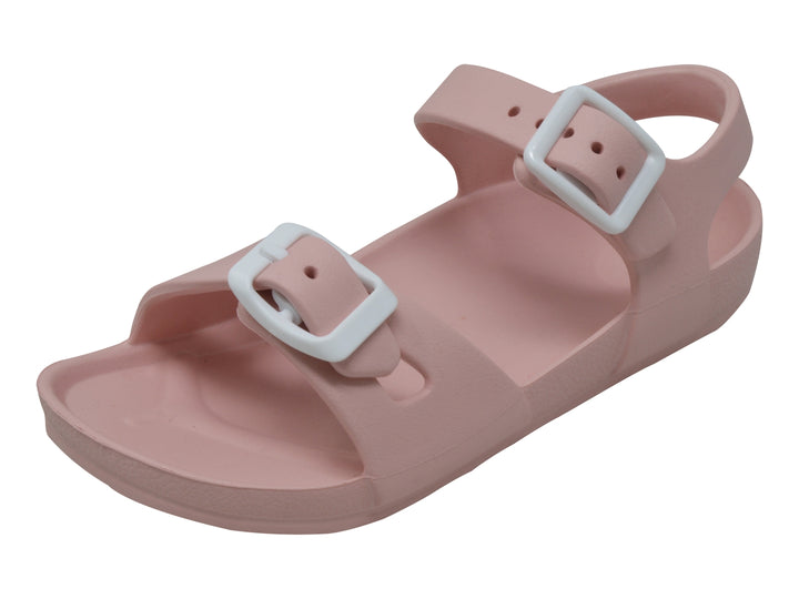 Sandalias para niña color rosa palo con hebillas blancas.