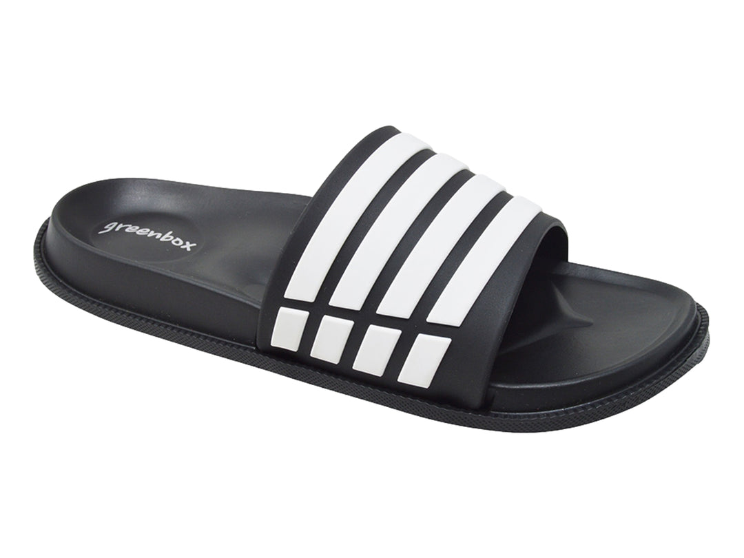Sandalia tipo slide para hombre en color negro con franjas blancas verticales en la correa.