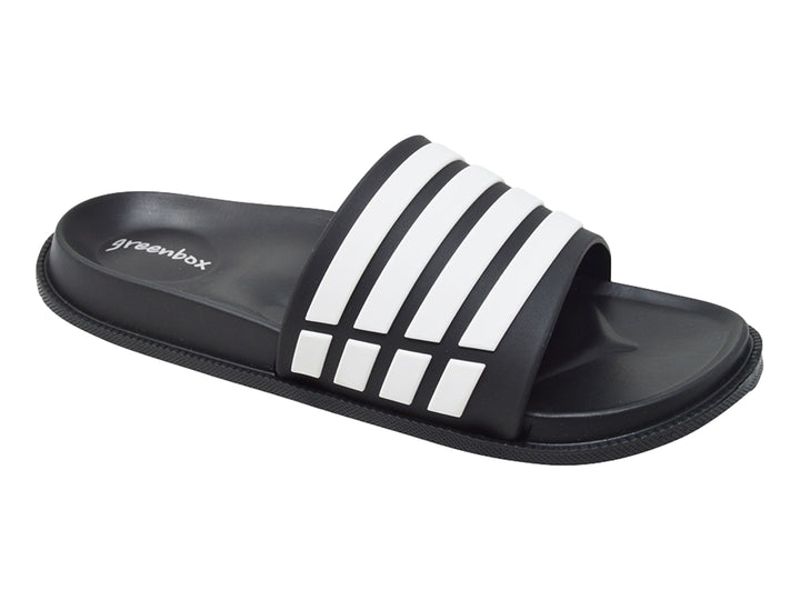 Sandalia tipo slide para hombre en color negro con franjas blancas verticales en la correa.