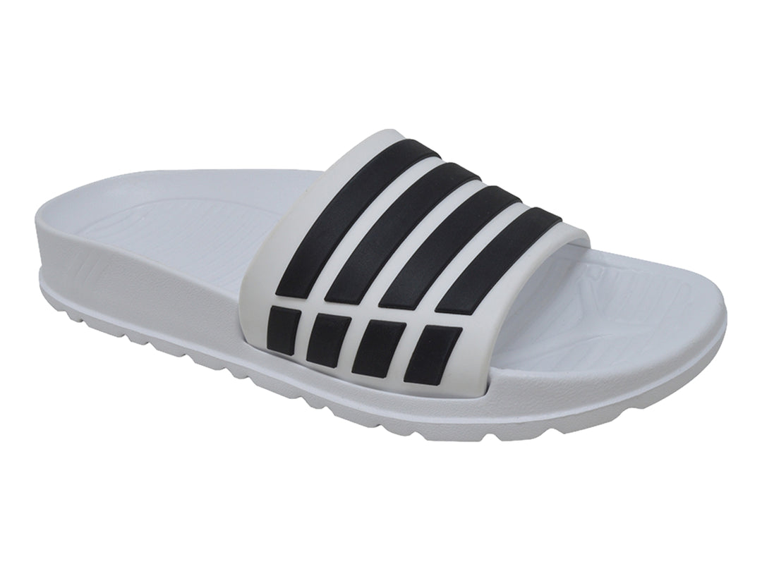 Sandalias slide para mujer de color blanco con rayas negras horizontales en la correa.