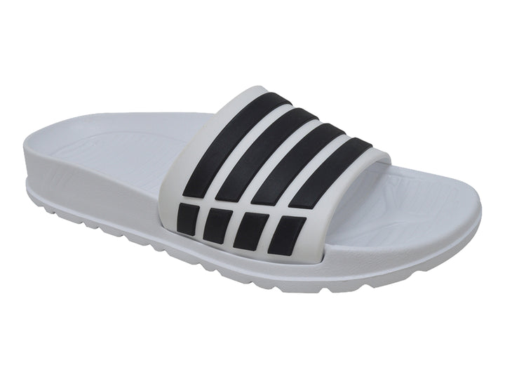 Sandalias slide para mujer de color blanco con rayas negras horizontales en la correa.