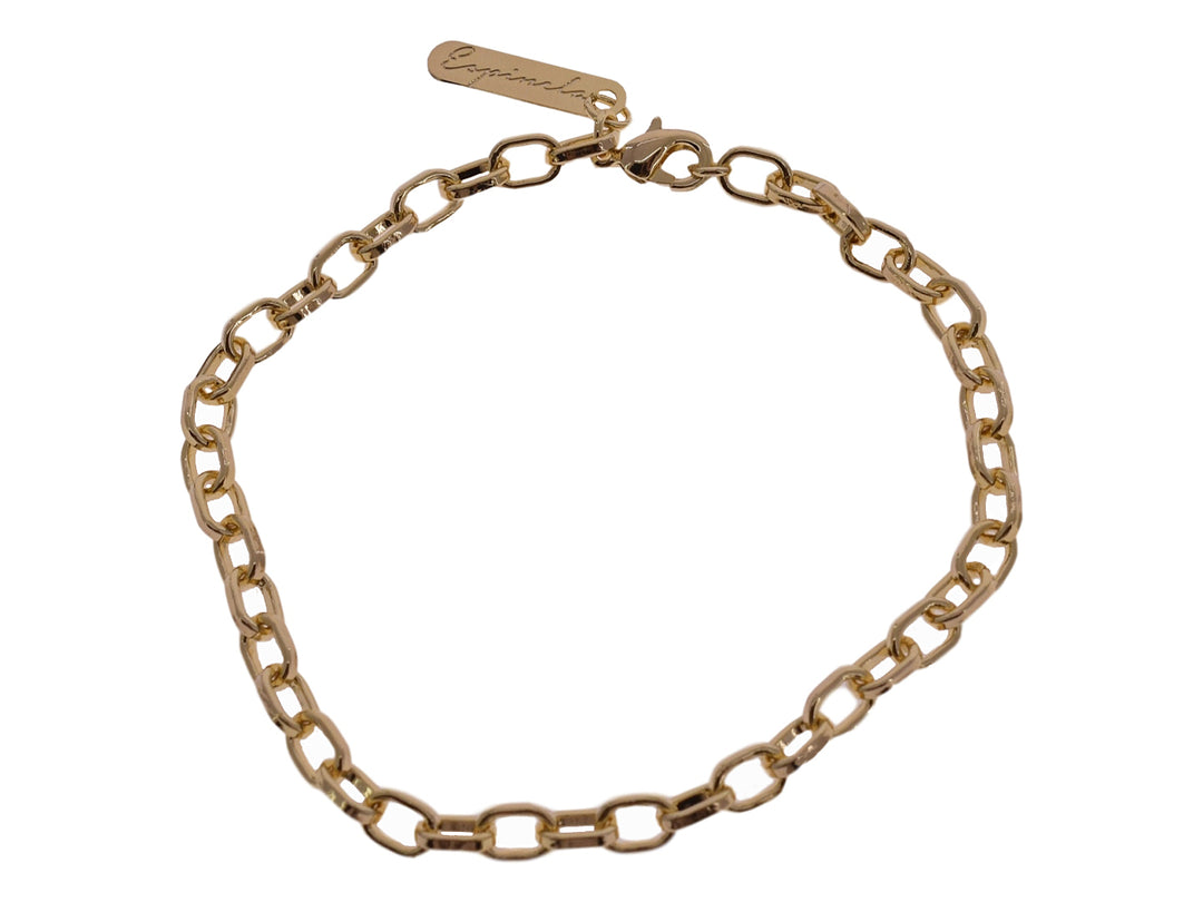 Pulsera de cadena dorada con eslabones brillantes y placa de marca.