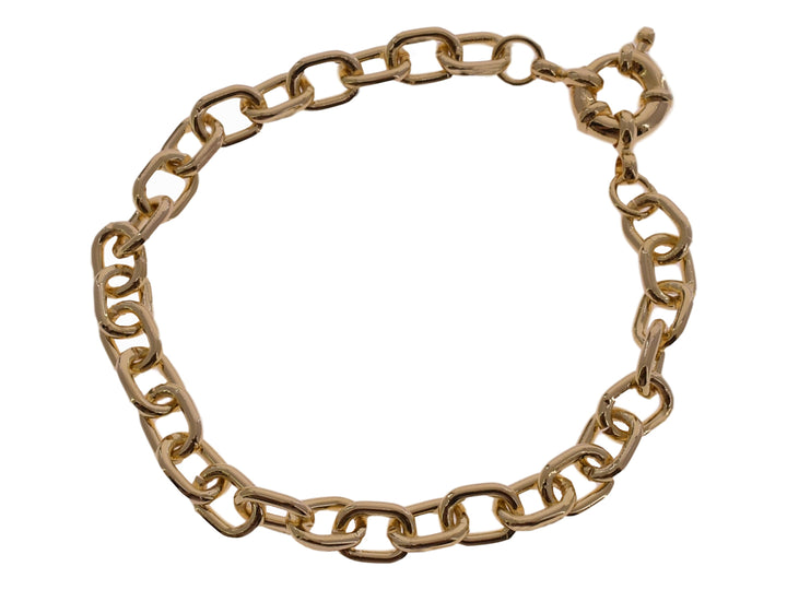 Pulsera de cadena con eslabones en color dorado brillante sobre fondo blanco.