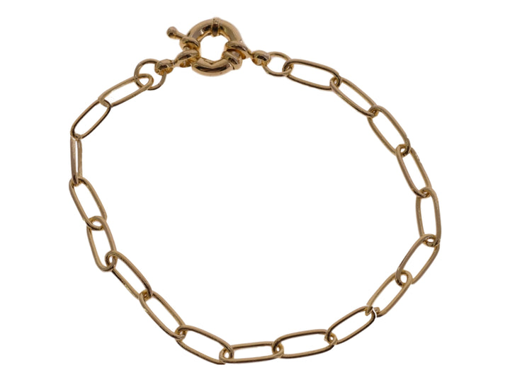 Pulsera de cadena color dorado con cierre de palanca sobre fondo blanco.