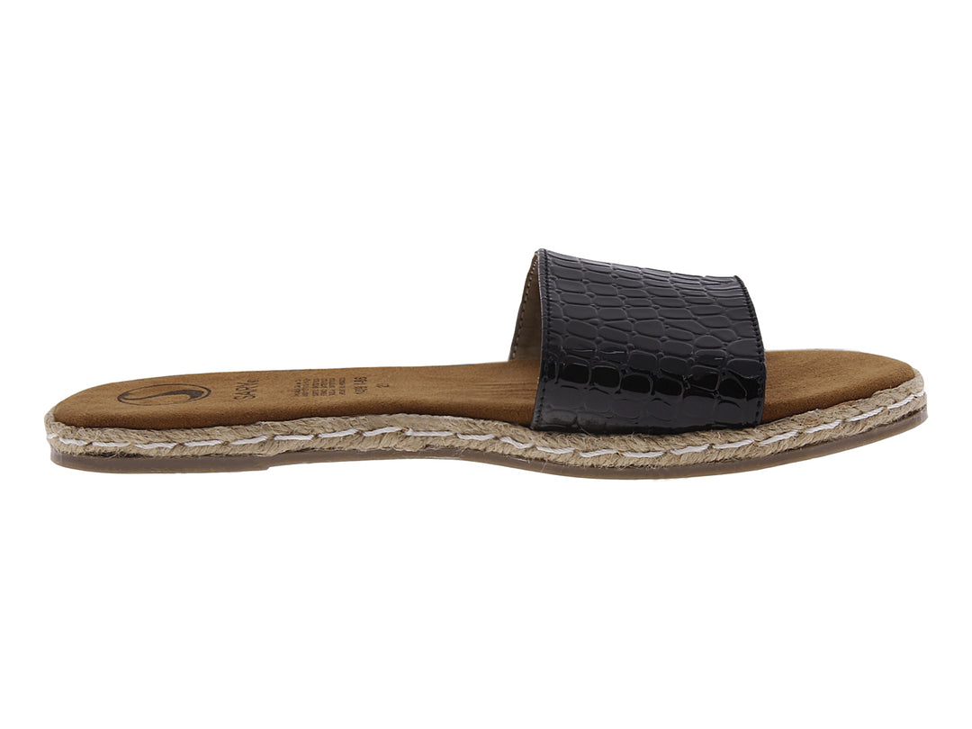 Sandalias casuales negras con textura de cocodrilo y suela color café con detalle de yute.