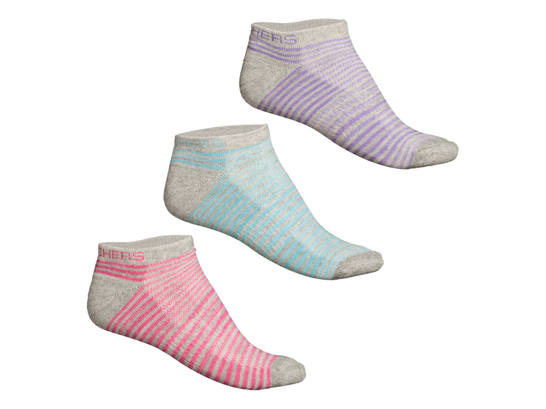 Set de tres pares de calcetines deportivos Skechers para mujer en colores rosa, azul y morado con gris.