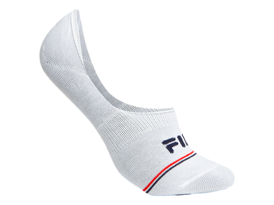 Calcetín corto blanco de la marca FILA con rayas decorativas en azul y rojo en la punta.