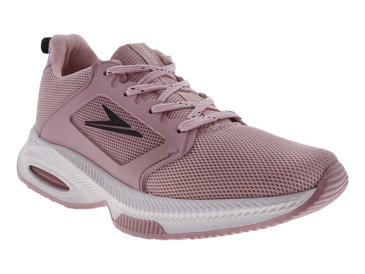 Tenis deportivos color rosa con malla transpirable y suela blanca.