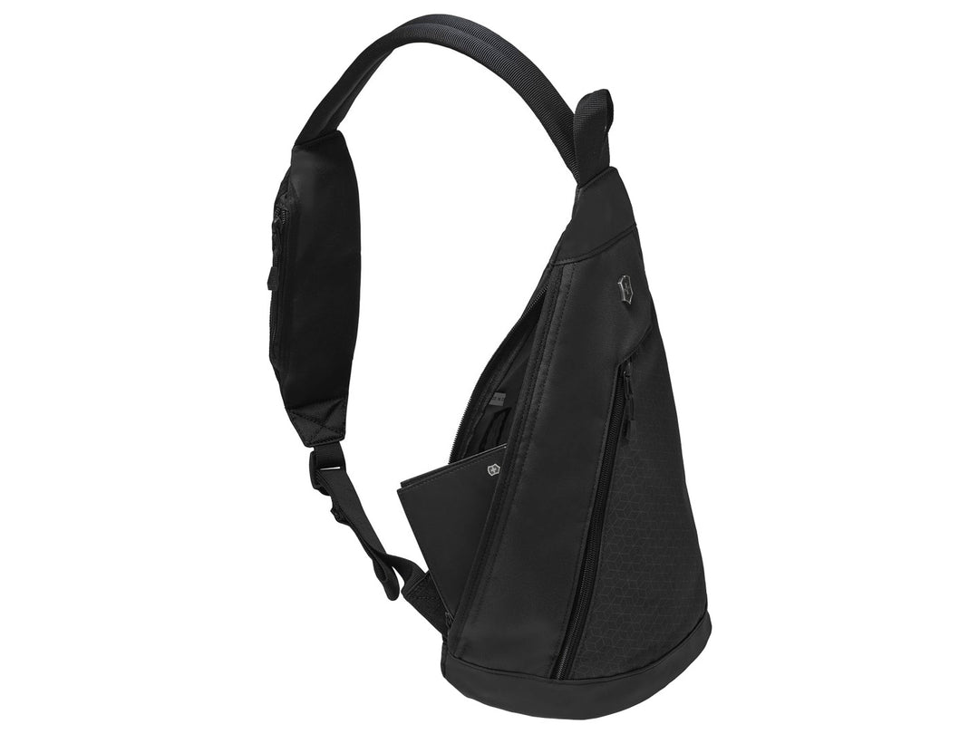 Bolso transversal negro de Victorinox con diseño de patrón hexagonal.
