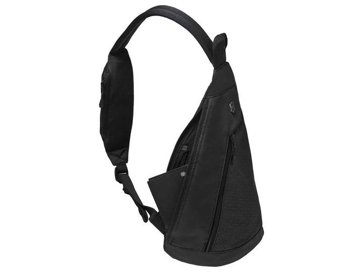 Bolso transversal negro de Victorinox con diseño de patrón hexagonal.