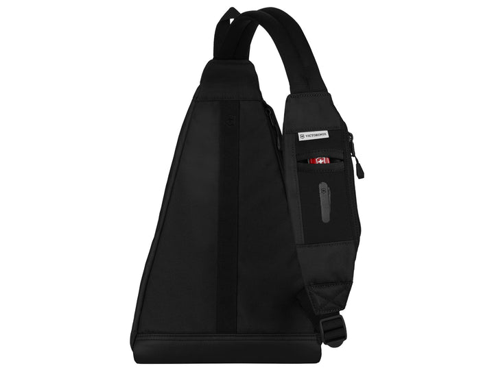 Bolso transversal negro de Victorinox con diseño de patrón hexagonal.