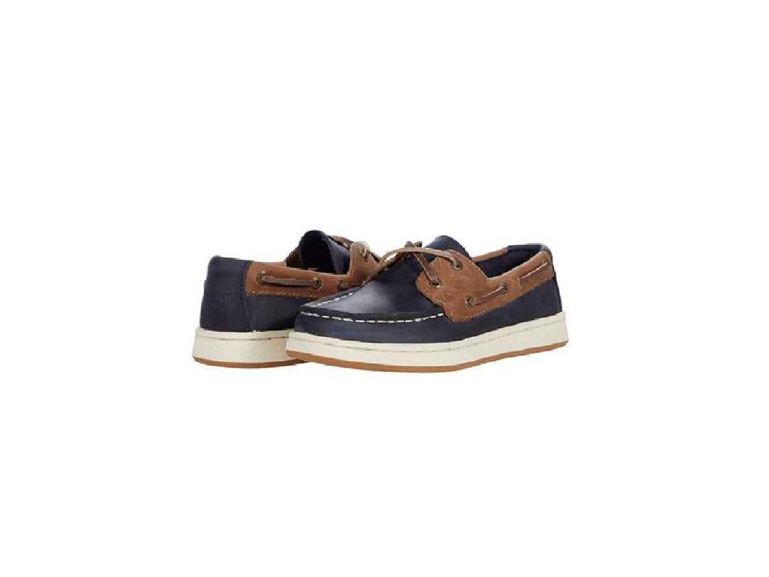 Zapatos náuticos Sperry para niños en color azul marino y café con suela blanca.