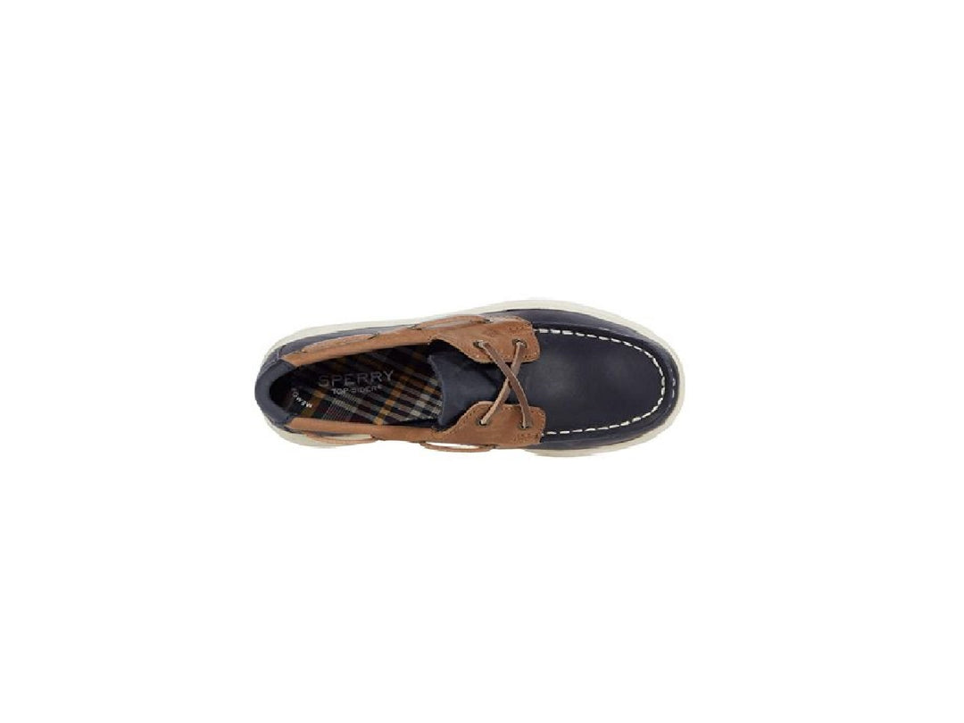 Zapatos náuticos Sperry para niños en color azul marino y café con suela blanca.