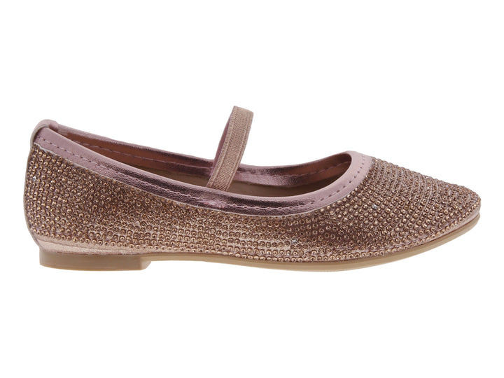 Zapatos planos para niña en color oro rosado con acabado brillante y correa ajustable.