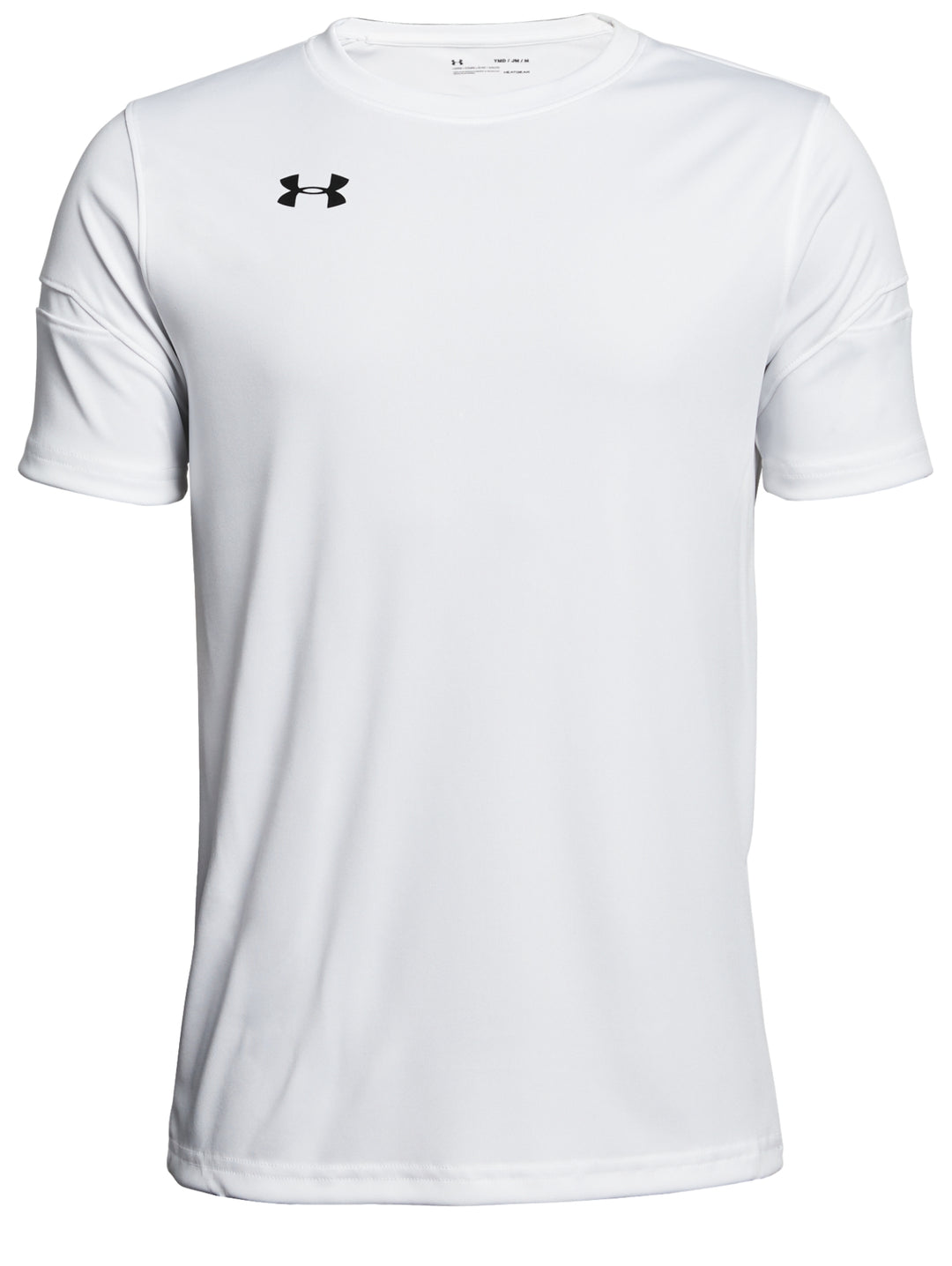 Playera deportiva blanca de manga corta para niño con logotipo de Under Armour en el pecho.