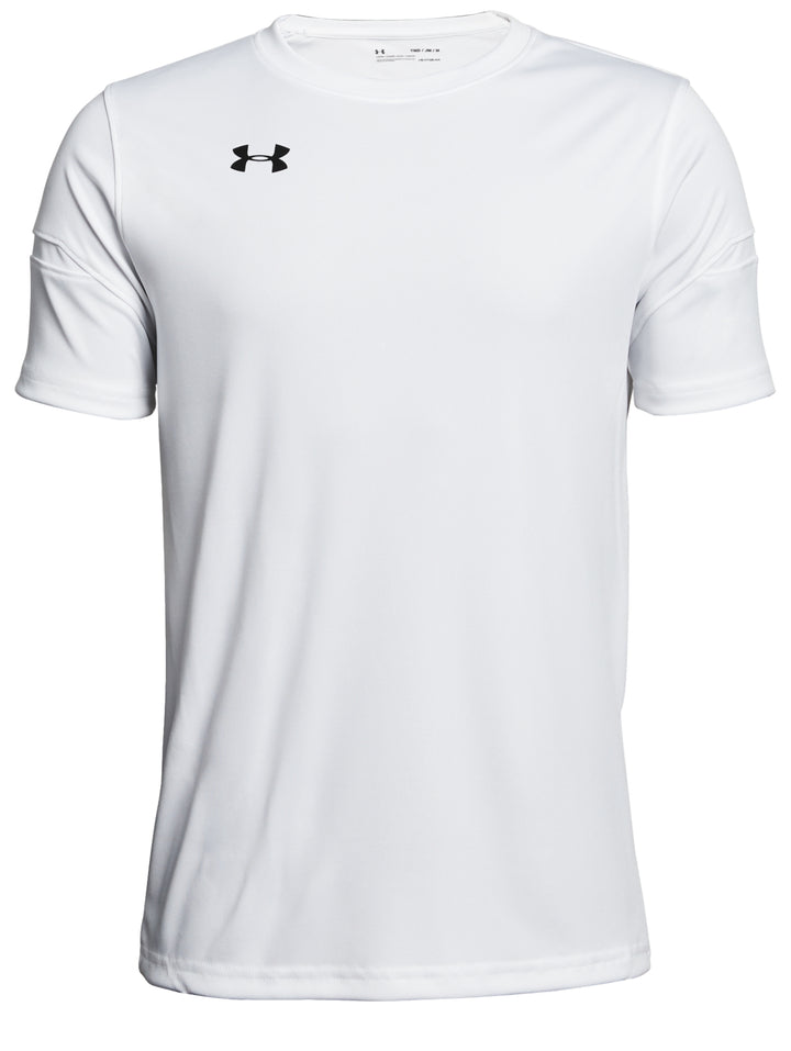 Playera deportiva blanca de manga corta para niño con logotipo de Under Armour en el pecho.
