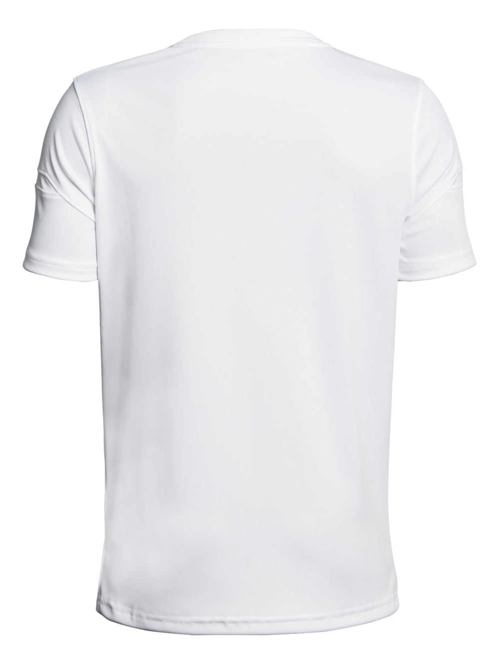 Playera deportiva blanca de manga corta para niño con logotipo de Under Armour en el pecho.