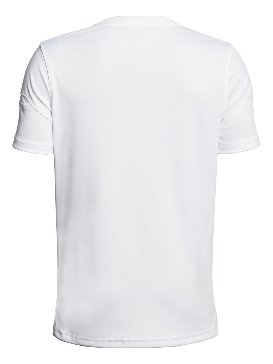Playera deportiva blanca de manga corta para niño con logotipo de Under Armour en el pecho.