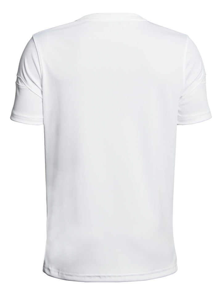 Playera deportiva blanca de manga corta para niño con logotipo de Under Armour en el pecho.