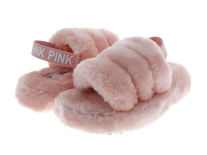 Par de pantuflas de peluche color rosa para niña con correa.