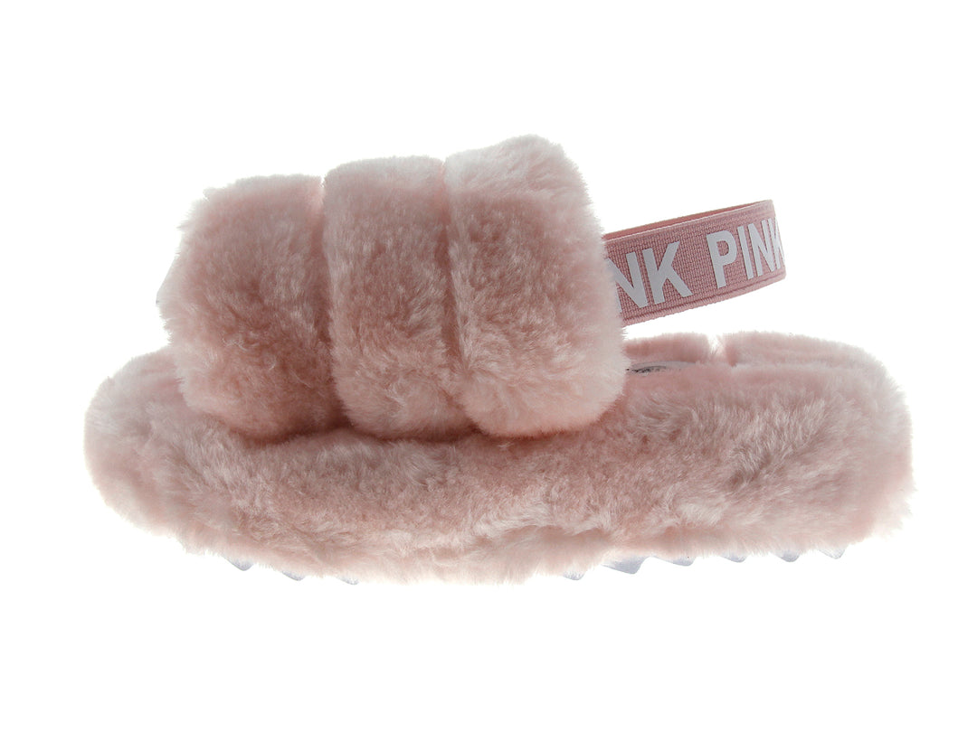 Par de pantuflas de peluche color rosa para niña con correa.