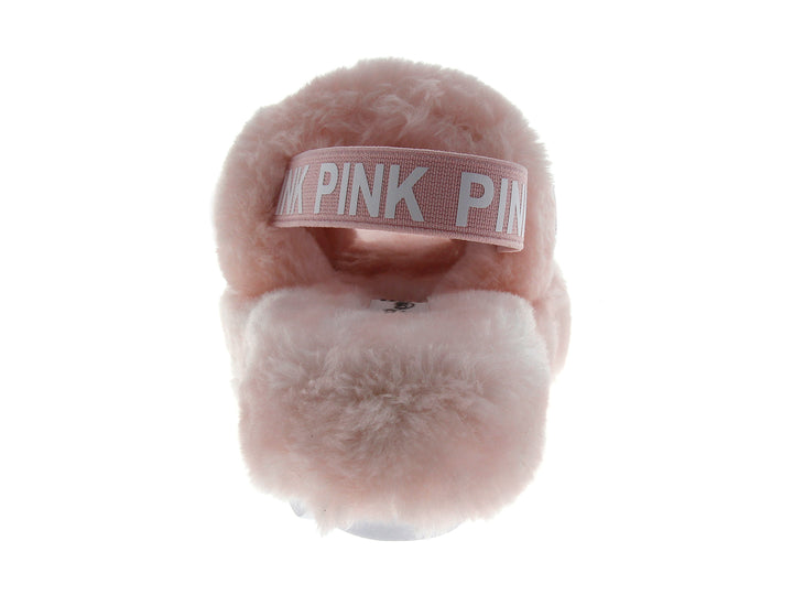 Par de pantuflas de peluche color rosa para niña con correa.