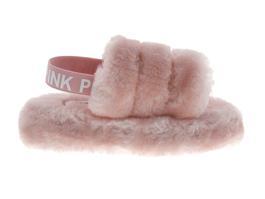 Par de pantuflas de peluche color rosa para niña con correa.