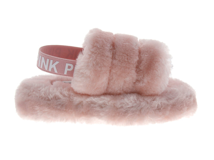 Par de pantuflas de peluche color rosa para niña con correa.