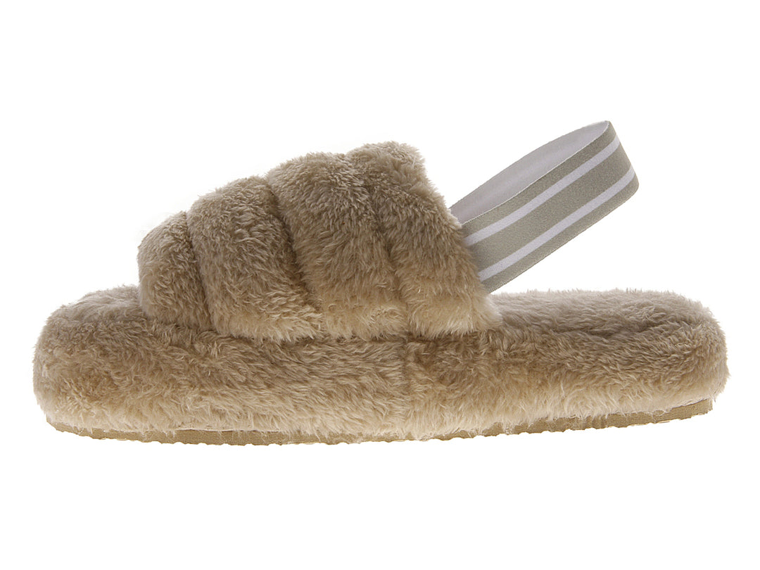Sandalia tipo pantufla color beige con textura peluda y correa trasera.